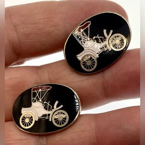 Vintage Silver Tone and Enamel Antique Car Design Oval Cufflinks